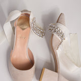 Vestuvinių batelių čiurnos papuošalas su satinine juostele ir 3 eilėm kristalais